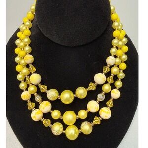 Vintage Yellow 3 Strand MCM Bead Necklace 14" Faux Pearl Glass Crystal Elegant